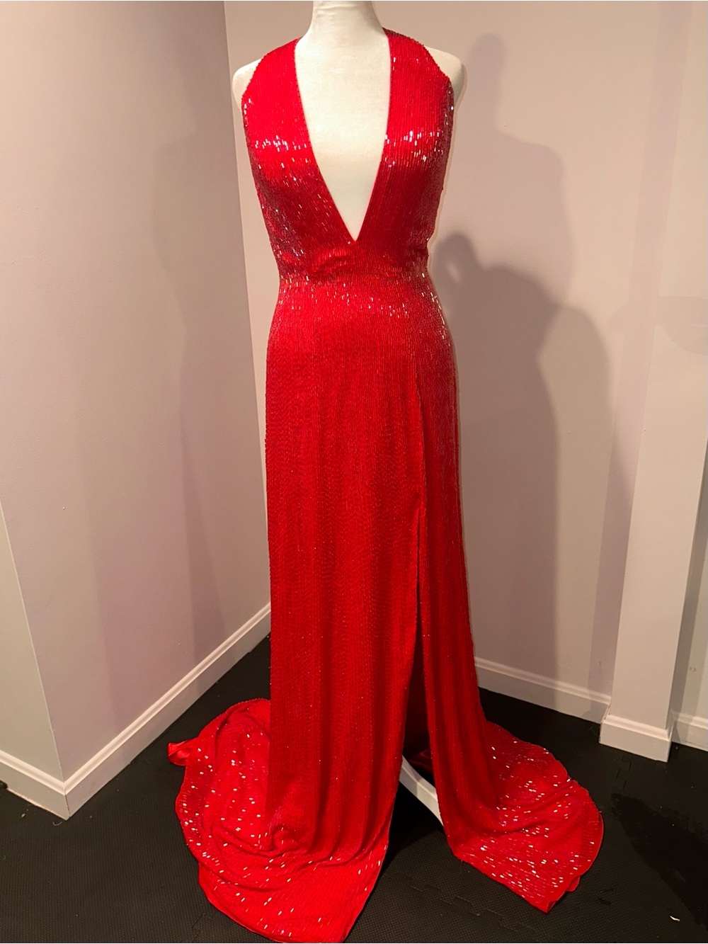 Custom Liquid Beading Red Deep V Halter Evening Gown